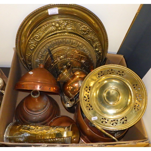 323 - Two boxes of misc brass and copper ware together with a qty of silver plate and pewter (3)