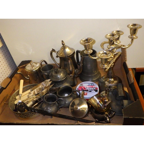 323 - Two boxes of misc brass and copper ware together with a qty of silver plate and pewter (3)