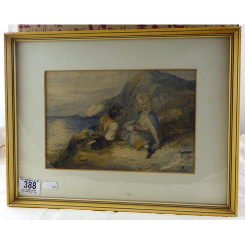 388 - Children on a cliff top, Victorian watercolour bearing 