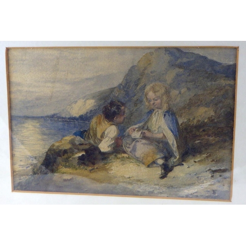 388 - Children on a cliff top, Victorian watercolour bearing 