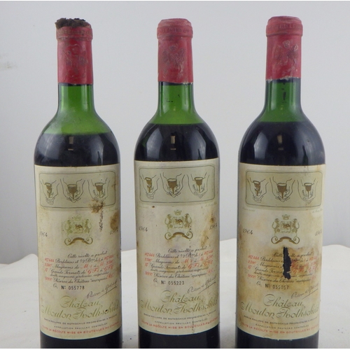 60 - Chateau Mouton Rothschild 1964, three bottles 0.75lt; another bottle, sealed but of very low level. ... 