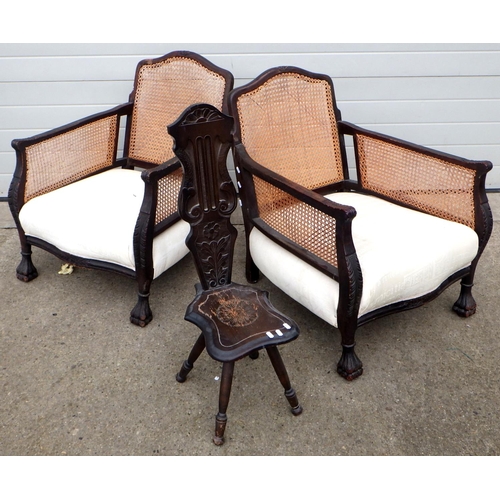 753 - A pair of bergere arm chairs together with a spinning chair af  for re-upholstery and restoration (3... 