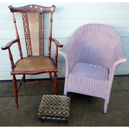 795 - A Lloyd loom over painted chair together with a further arm chair and a stool (3)