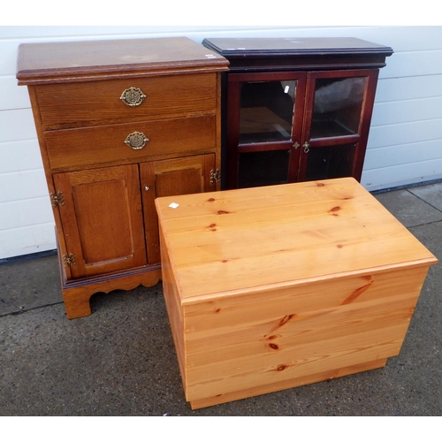 796 - A pine blanket box, small display cabinet and an oak side cabinet (3)