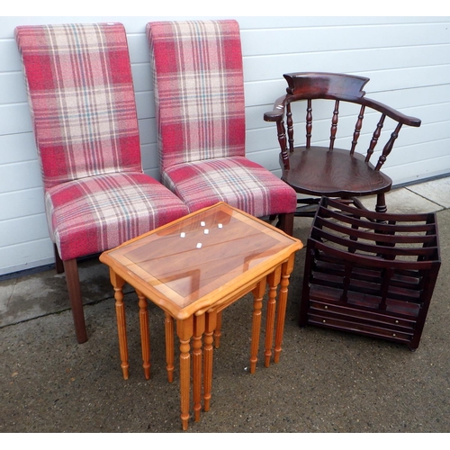 802 - Two modern dining chairs, smokers bow (worm), nest of three tables and a reproduction canterbury (5)