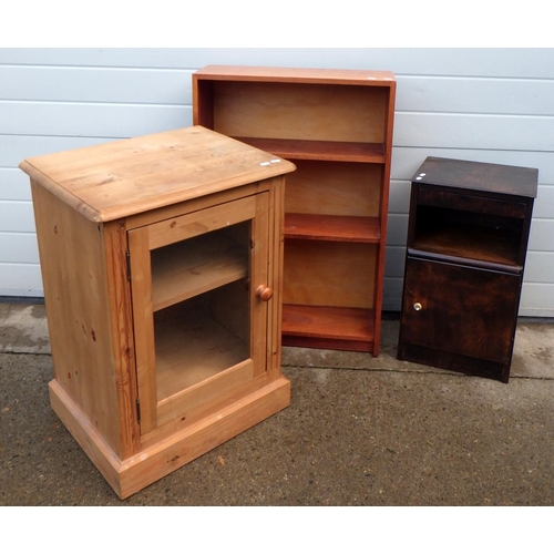 806 - A pine cabinet together with an open bookcase and a bedside cupboard (3)