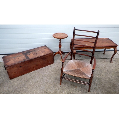 832 - A solid oak wine table together with a nursing chair, hardwood box and a coffee table (4)