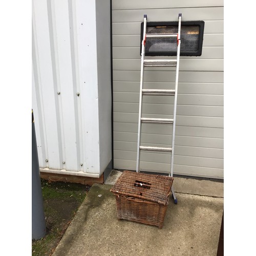 803 - Two sets of step ladders together with a set of aluminium ladders & a wicker basket (4)