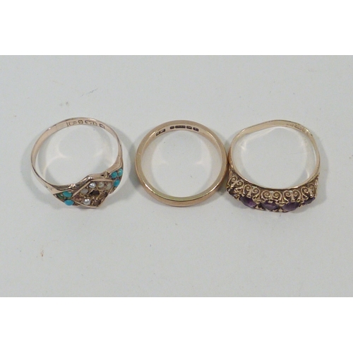 33 - Two 9ct gold stone set rings, a/f; a 9ct gold band ring.