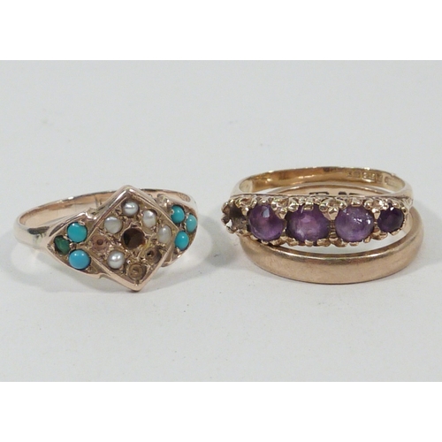 33 - Two 9ct gold stone set rings, a/f; a 9ct gold band ring.