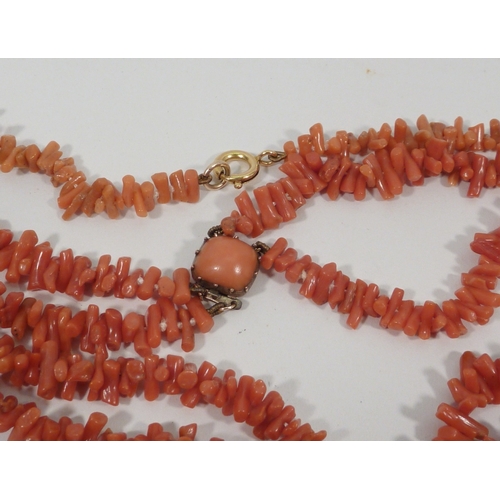 41 - A double strand necklace comprising irregular coral beads, the whole closing on a yellow metal clasp... 