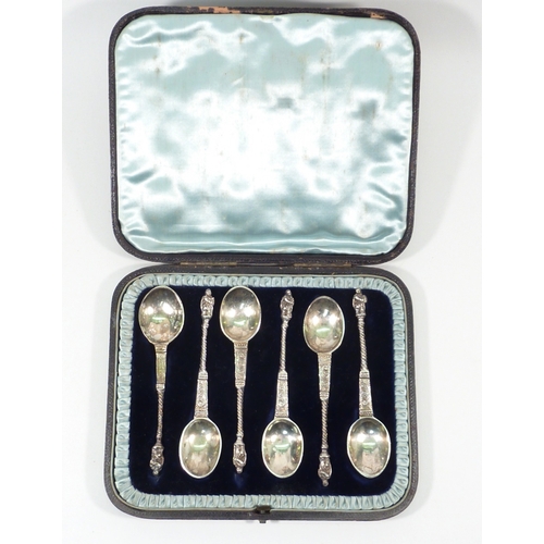 46 - A cased set of six Victorian silver apostle coffee spoons, each 100mm long; another cased set of six... 