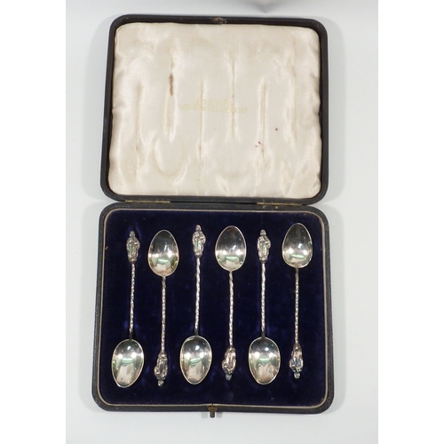 46 - A cased set of six Victorian silver apostle coffee spoons, each 100mm long; another cased set of six... 