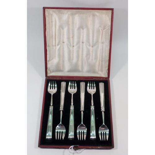 6 - A set of six Victorian silver cake forks, cased.  Each 140mm long; pair of silver salad servers, ear... 