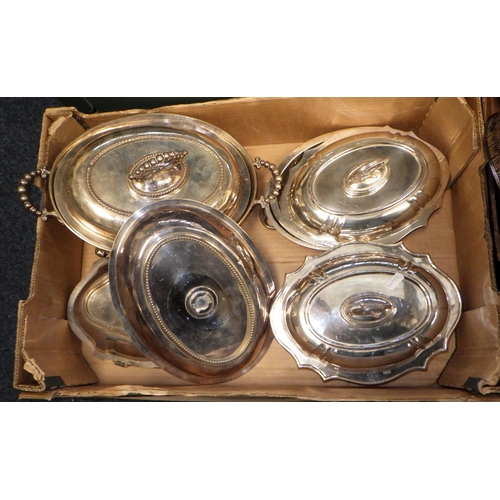 149 - Three boxes of silver plate to include trays, tea ware, tureens etc