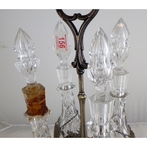 156 - A silver plated decanter stand with four decanter AF decanters damaged, with six plated decanter lab... 