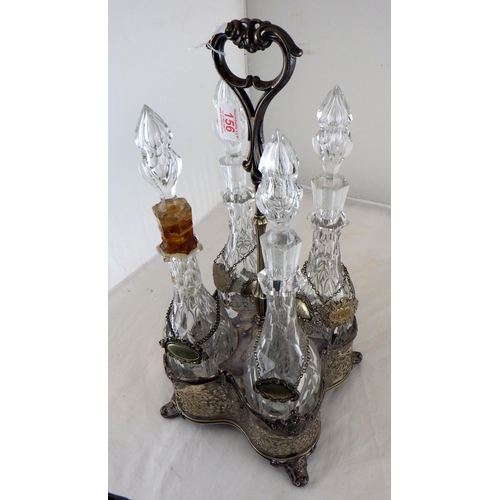 156 - A silver plated decanter stand with four decanter AF decanters damaged, with six plated decanter lab... 