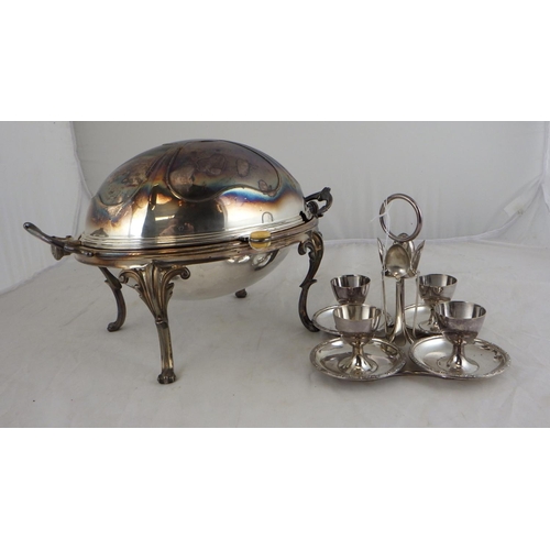 157 - A silver plated egg coddler together with an Aspreys silver plated egg cup breakfast stand with asso... 