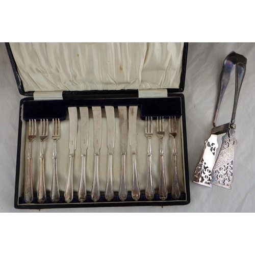 159 - Silver plated asparagus tongs, cased knives & forks together with empty cases