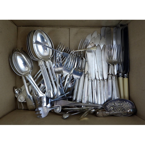 159 - Silver plated asparagus tongs, cased knives & forks together with empty cases