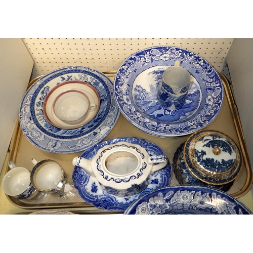 174 - A group of 18thC and later ceramics to include tea bowls, Spode Tiber view plates, Davenport bowl, C... 