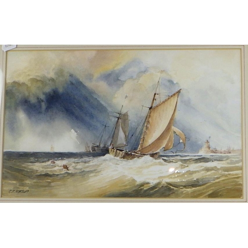 186 - Sailing boats off shore in choppy waters watercolour bearing signature C.W. Morsley 62 x 49cm inc fr... 