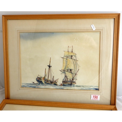 190 - Two J.T Civpan watercolours of sailing ships 52 x 42cm inc frame