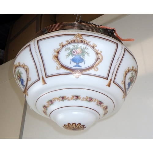 200 - An early 20thC glass floral painted ceiling light shade