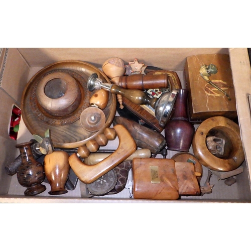 205 - Three boxes of misc collectables to include treen, vanity brushes, flasks etc (3)