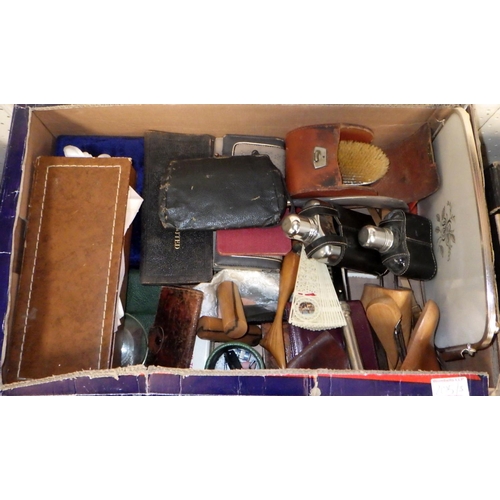 205 - Three boxes of misc collectables to include treen, vanity brushes, flasks etc (3)