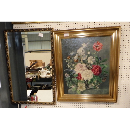 258 - A large framed bevelled mirror 100 x 67 cm together with a further mirror and a floral print (3)