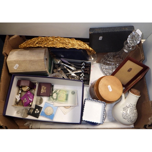 286 - Two boxes of misc collectables to include Mother of Pearl card case, flat ware, Rabone tape measure,... 