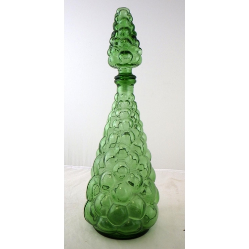 295 - A pair of green lustres (missing some drops) together with a grape design decanter (3)