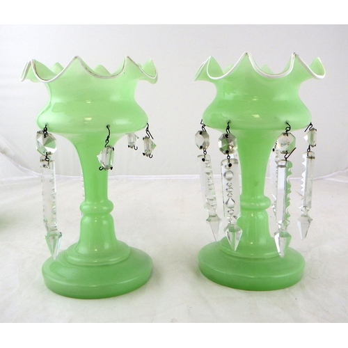 295 - A pair of green lustres (missing some drops) together with a grape design decanter (3)