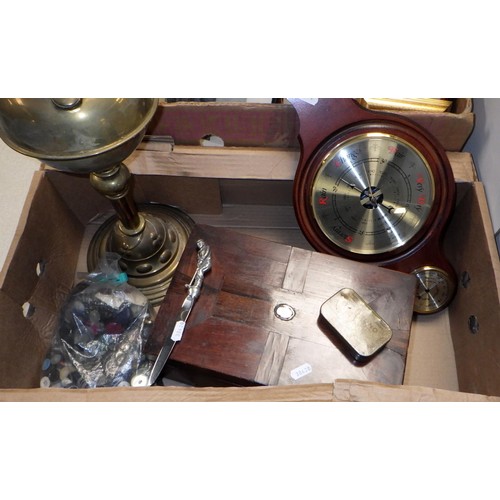 280 - A qty of misc prints together with a barometer, 19th C box, oil lamp and a qty of buttons (2)