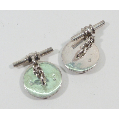 65 - A pair of chain link cufflinks, white metal marked 925 set with porcelain plaques depicting female n... 