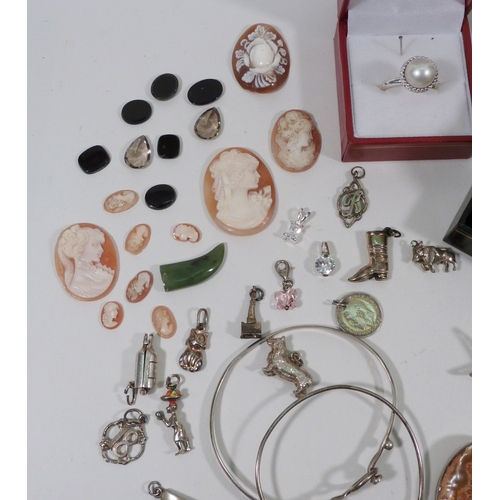 66 - White metal jewellery incl bangles, a specimen stone brooch, and a ring set with a pearl; cameos etc... 