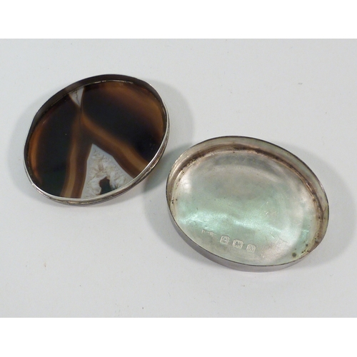 78 - A silver pill box, the lid set with an agate panel, 48 x 38mm oval; a Victorian papier mache box.  (... 