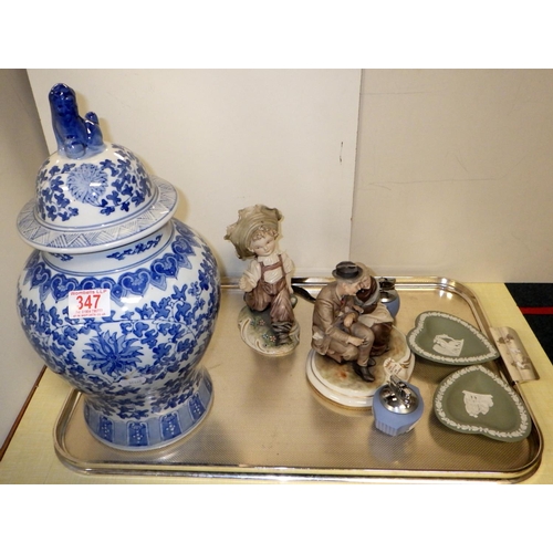 347 - A large Oriental lidded urn together with Wedgwood jasper ware, Capodimonte figure and a T Galli fig... 