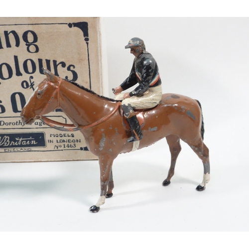 137 - Racing Colours of Famous Owners by W Britain - three horse and jockey groups and a box 