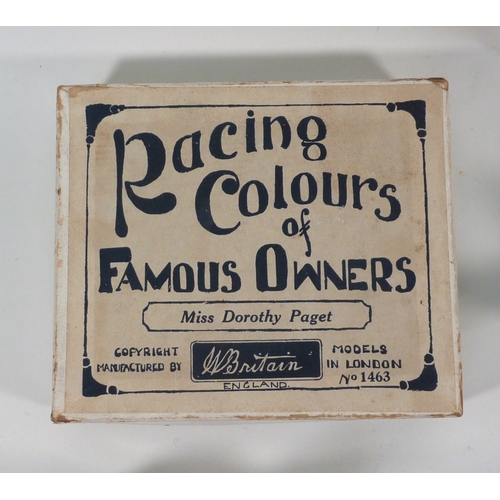 137 - Racing Colours of Famous Owners by W Britain - three horse and jockey groups and a box 