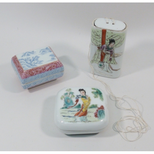 116 - Three Chinese porcelain boxes having interiors decorated with erotic scenes.