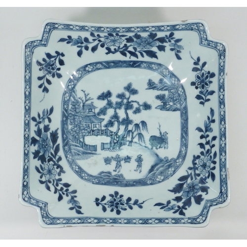 550 - A Chinese squared porcelain dish decorated with underglaze blue and white design incorporating a lan... 