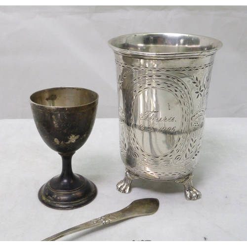 102 - A Danish presentation cup standing on three claw feet, white metal, 100mm tall; a Norwegian wedding ... 