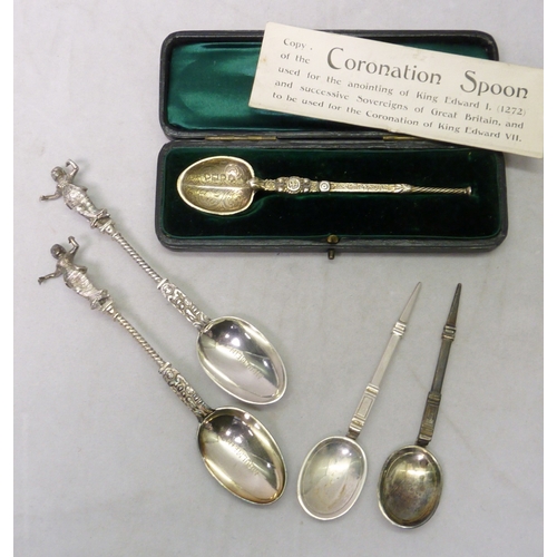 99 - Three matching Georg Jensen silver coffee spoons; a cased silver coronation anointing spoon; a pair ... 