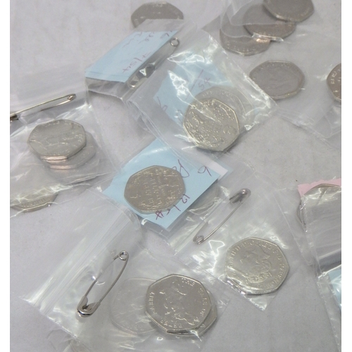 112 - Coins: Elizabeth II 50p pieces all Beatrix Potter issues, 2016.  All circulated. (40)