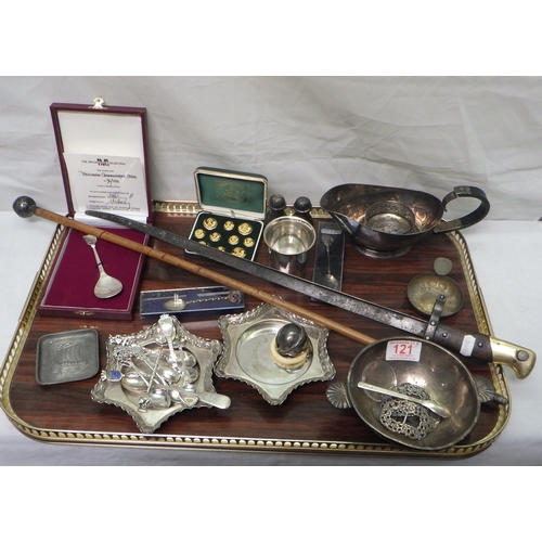 121 - A collectors' lot including a pair of silver shoe buckles, a silver baby's rattle, a silver spoon, a... 