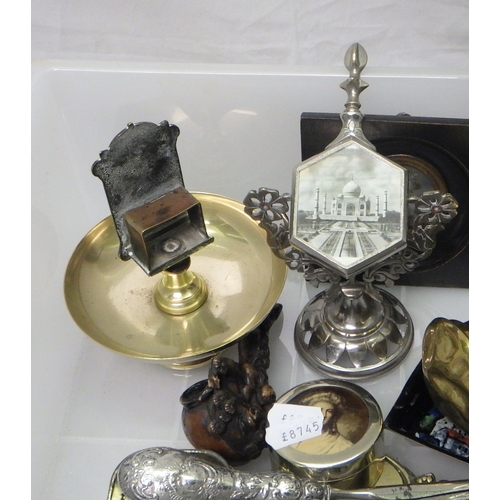 126 - A collectors lot incl an Oriental carved pipe, miniature pictures, brass, silver plate etc.