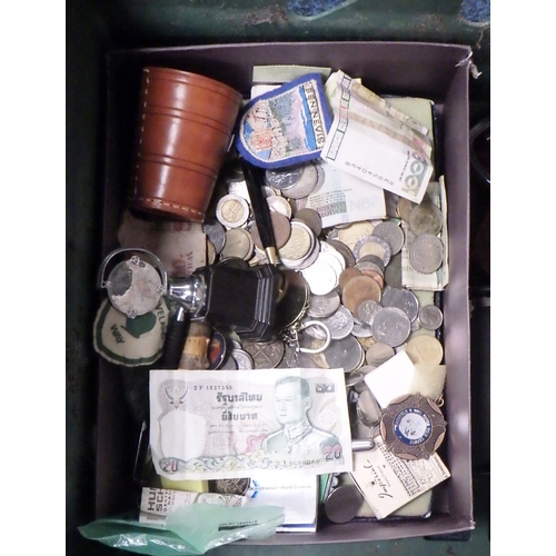 134 - A miscellaneous lot incl a military leather cartridge case, a bandolier, coins, pens etc