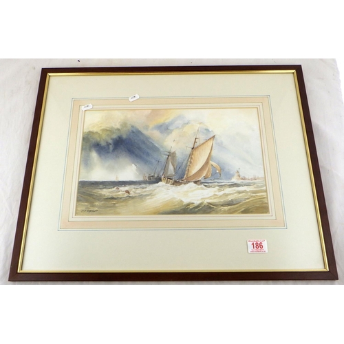 27 - Sailing boats off shore in choppy waters watercolour bearing signature C.W. Morsley 62 x 49cm inc fr... 